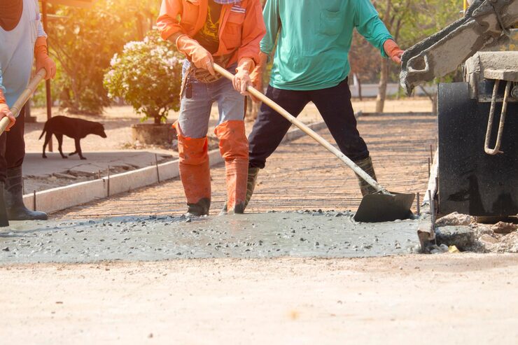 workers pouring concrete with cement