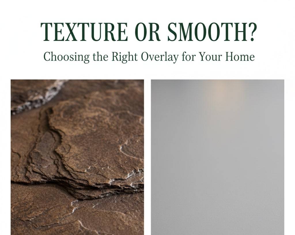 A split-screen comparison titled "TEXTURE OR SMOOTH?" showing two decorative concrete options. On the left is a highly textured, brown earth-toned stamped overlay mimicking natural rock; on the right is a sleek, light grey smooth microtopping finish for a modern architectural look.