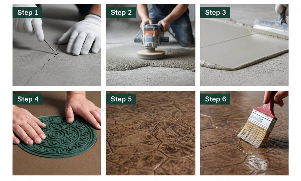A detailed six-panel infographic showing the step-by-step process: 1) repairing existing slab cracks; 2) mechanical surface preparation with a grinder; 3) applying and leveling the stampable overlay; 4) pressing the decorative stamp; 5) the dried stamped pattern; and 6) applying a protective sealer with a brush.