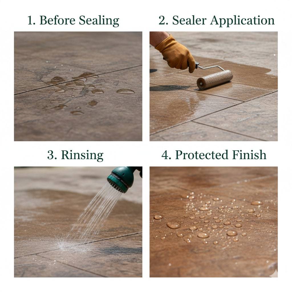 A four-panel guide for maintaining concrete in NY weather: 1) a worn "Before Sealing" slab; 2) "Sealer Application" using a roller; 3) "Rinsing" the surface with a garden hose; and 4) a "Protected Finish" showing water beading on the newly sealed surface.