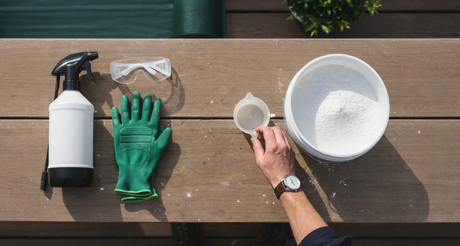 An overhead view of concrete cleaning essentials organized on a wooden surface: a white pump sprayer, clear safety goggles, green waterproof gloves, and a large bucket of powdered detergent with a measuring cup. A person's hand with a watch is reaching for the measuring cup, representing the gathering of tools and safety equipment.