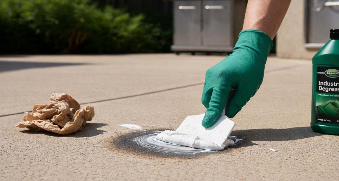 : A close-up shot of a person wearing a green glove using a white putty knife to apply a thick white cleaning paste to a dark oil stain on a light-colored concrete patio. A bottle of industrial degreaser and a crumpled paper towel are nearby, demonstrating targeted stain removal for oil and grease.