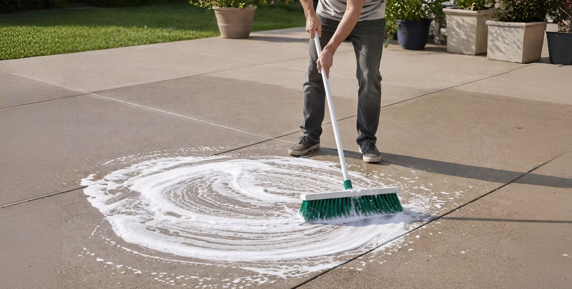 A person in grey jeans and dark shoes uses a large, green stiff-bristle scrub brush with a long white handle to clean a damp concrete patio. They are working in a circular motion, creating a thick layer of white soap suds in a manageable section to ensure even results.