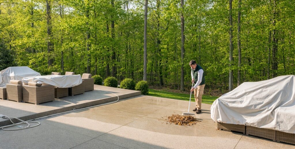 A man in a green vest uses a stiff-bristle broom to sweep a pile of brown leaves and debris from a large, wet concrete patio. The outdoor area features covered patio furniture and is surrounded by lush green spring trees, illustrating Step 1 of the spring cleaning process.