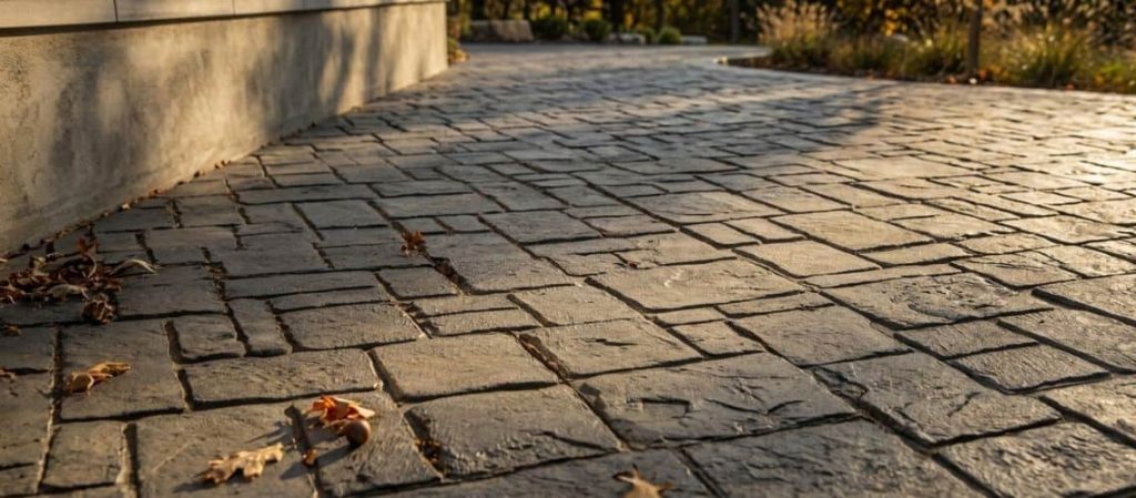 A modern stamped concrete driveway with a gray stone pattern