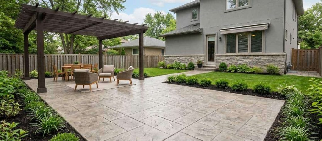 modern backyard featuring a large stamped concrete patio
