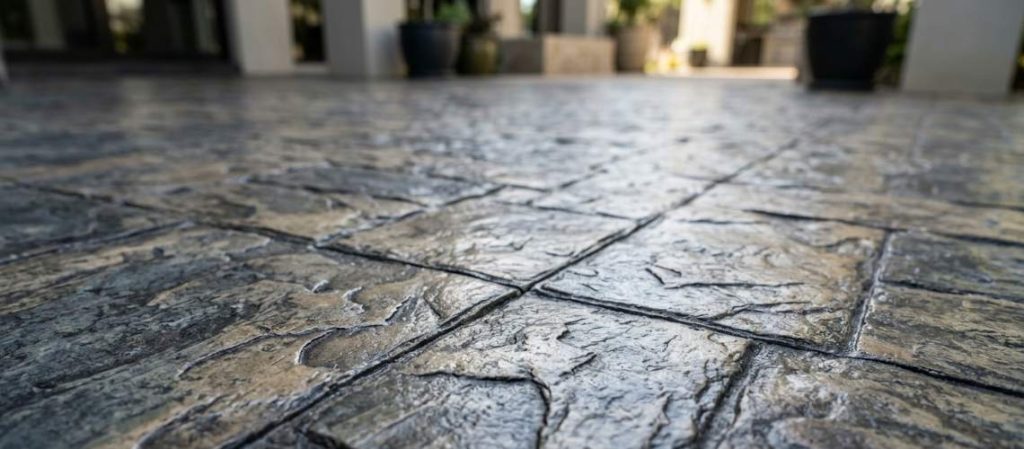 stamped concrete patio floor textured to look like dark grey flagstone blocks