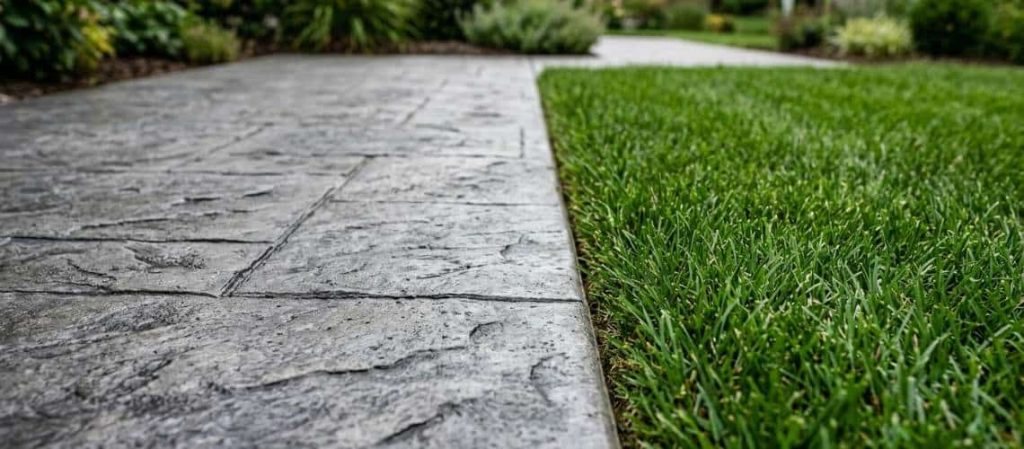 a dark grey stamped concrete driveway