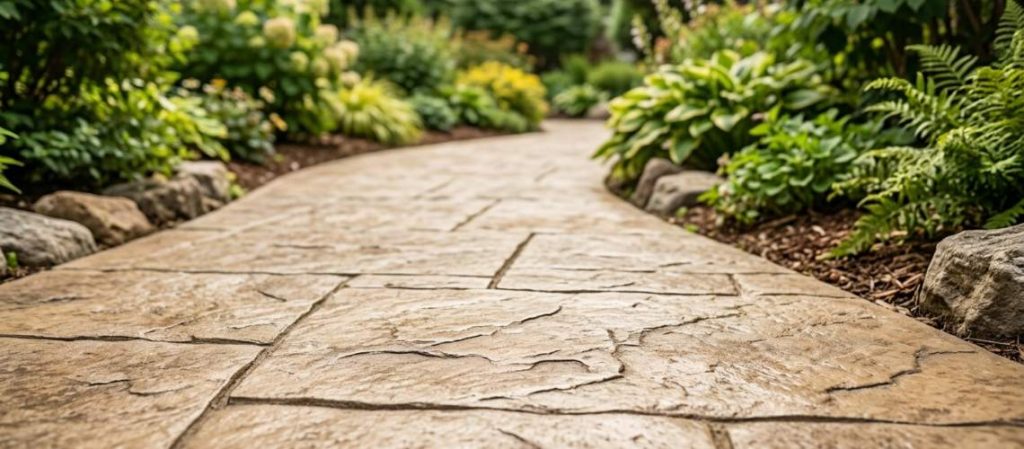 close-up shot of a winding stamped concrete garden walkway