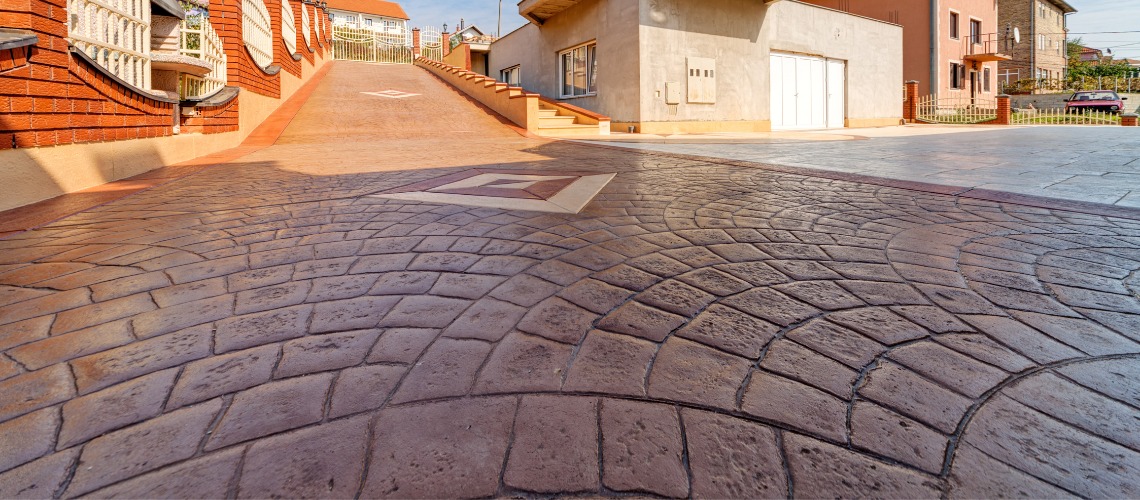 A stamped concrete driveway