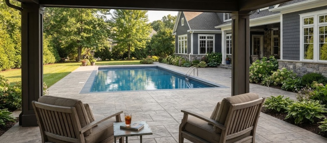 swimming pool and stamped concrete deck