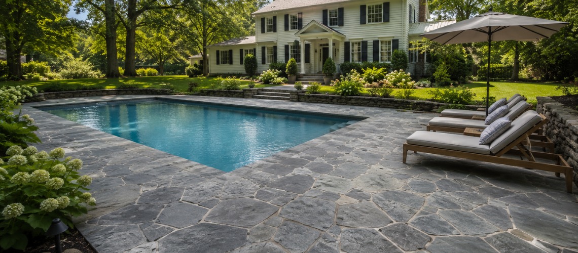 in-ground swimming pool surrounded by a large stamped concrete